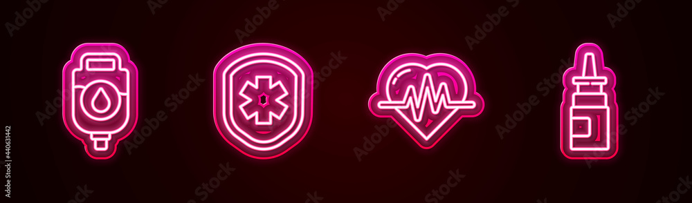Set line IV bag, Medical shield with cross, Heart rate and Bottle nasal spray. Glowing neon icon. Vector Set line IV bag, Medical shield with cross, Heart rate and Bottle nasal spray. Glowing neon icon. Vector