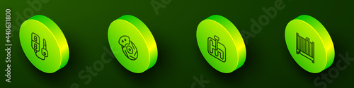 Set Isometric line Car key with remote, brake disk caliper, Gear shifter and radiator cooling system icon. Vector