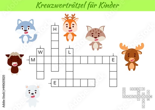 Crossword for kids in German with pictures of animals. Educational game for study German language and words. Children activity printable worksheet. Includes answers. Vector stock illustration