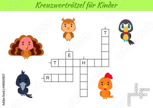 Crossword for kids in German with pictures of birds. Educational game for study German language and words. Children activity printable worksheet. Includes answers. Vector stock illustration