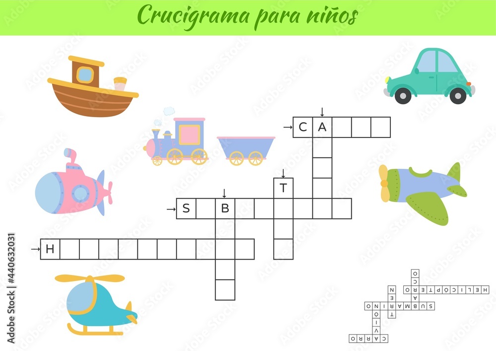 Crossword for kids in Spanish with pictures of transport. Educational game for study Spanish language and words. Children activity printable worksheet. Includes answers. Vector stock illustration