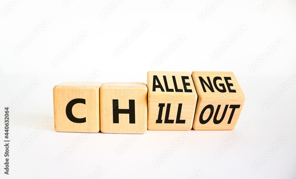Chillout or challenge symbol. Turned the wooden cube and changed the word chillout to challenge. Beautiful white background. Business and chillout or challenge concept. Copy space. Chillout or challenge symbol. Turned the wooden cube and changed the word chillout to challenge. Beautiful white background. Business and chillout or challenge concept. Copy space.
