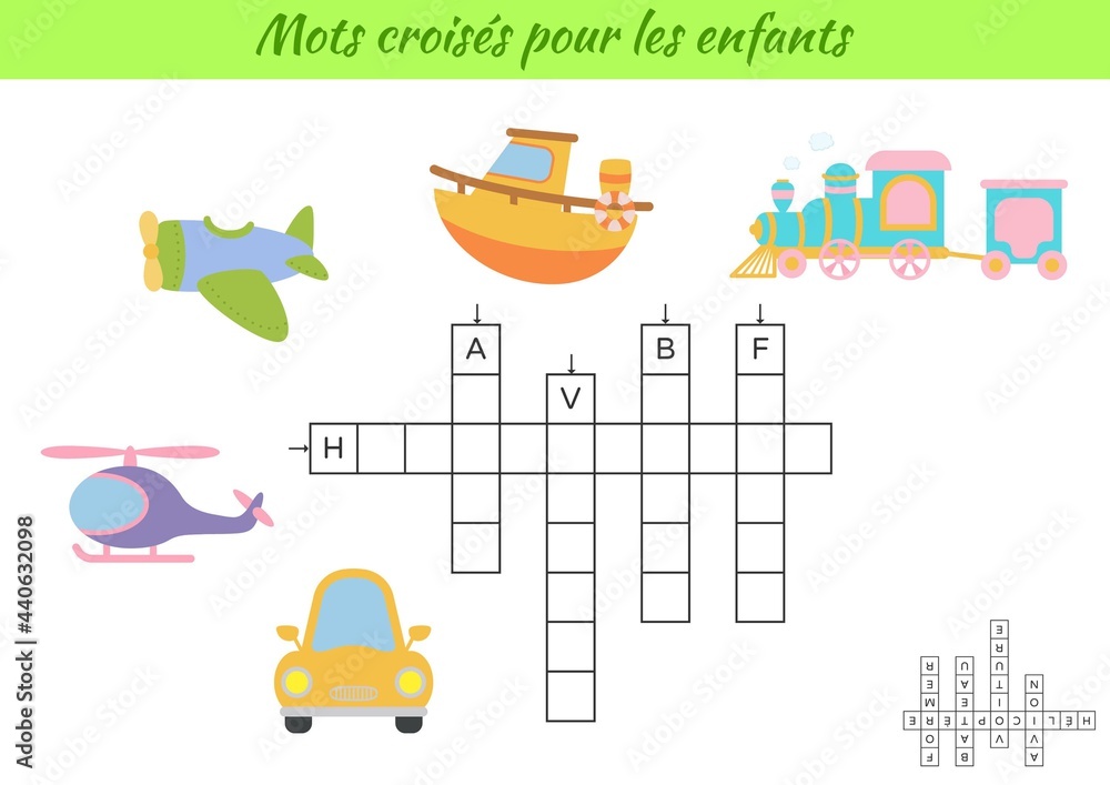 Naklejka premium Crossword for kids in French with pictures of transport. Educational game for study French language and words. Children activity printable worksheet. Includes answers. Vector stock illustration