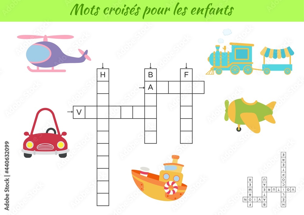 Naklejka premium Crossword for kids in French with pictures of transport. Educational game for study French language and words. Children activity printable worksheet. Includes answers. Vector stock illustration