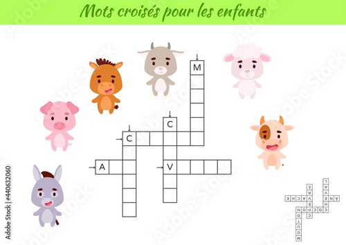 Crossword for kids in French with pictures of animals. Educational game for study French language and words. Children activity printable worksheet. Includes answers. Vector stock illustration