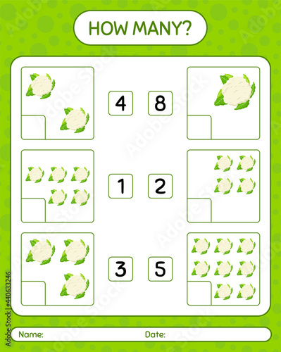 How many counting game with cauliflower. worksheet for preschool kids, kids activity sheet, printable worksheet