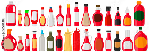 Illustration on big kit varied glass bottles filled liquid cranberry sauce
