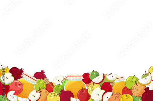 Rosh Hashanah Jewish New Year background. Shana Tova . Holiday Rosh Hashanah greeting card template. Honey, apples, pomegranate. Invitation card postcard. 