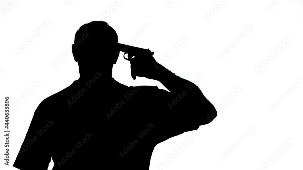 Silhouette of a man on a white background with a pistol to his temple