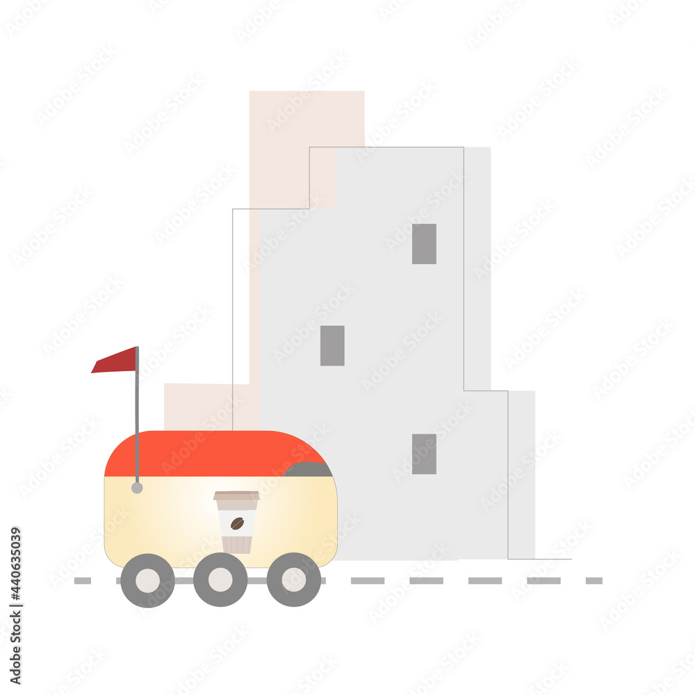 City view with delivery robot. Smart box making a coffee delivery. Simple illustration for article, post City view with delivery robot. Smart box making a coffee delivery. Simple illustration for article, post
