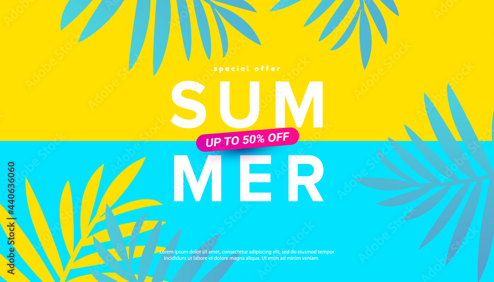 Summer sale vector illustration with tropical leaves background. Promotion banner for website, flyer and poster.