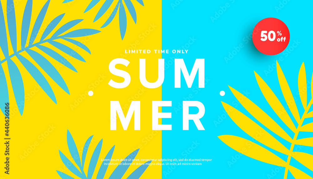 Summer sale vector illustration with tropical leaves background. Promotion banner for website, flyer and poster. Vector illustration - obrazy, fototapety, plakaty 