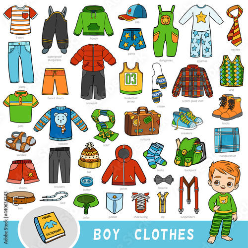 Vector set of boys clothes, color collection of cartoon accessories and clothing