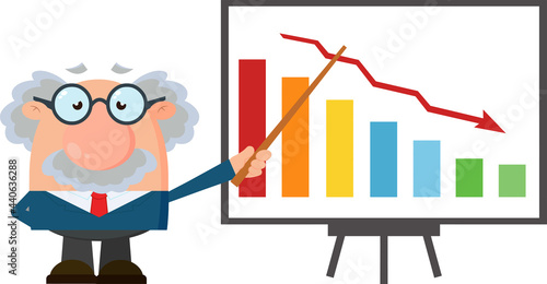 Sad Professor Or Scientist Cartoon Character With Pointer Presenting A Falling Chart. Vector Flat Design Illustration Isolated On Transparent Background
