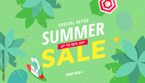 Summer sale vector illustration with tropical beach accessories, palm trees pattern background. Promotion banner for website, flyer and poster. Vector illustration