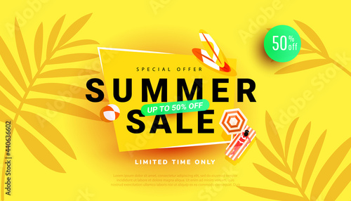 Summer hot season discount poster with tropical leaves background for seasonal offer, promotion, advertising. Vector illustration