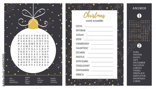 Christmas games. Word search puzzle, word scramble. Logic games for adults and teenagers.   Activities ideas supplies  