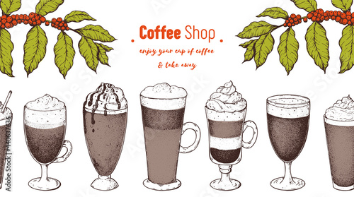 Coffee cups, beans and coffee tree illustration. Vintage design for coffee shop. Engraved vector illustration.