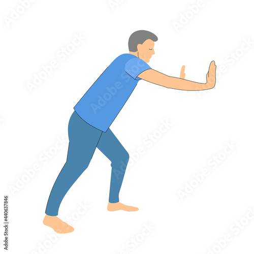 person pushes or moves something. man in full growth on a white background