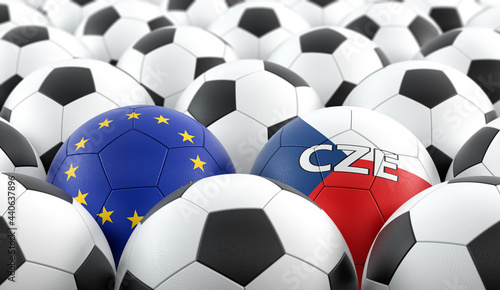 Leather balls in Czech Republic and European Union flag colors. 3D Rendering 