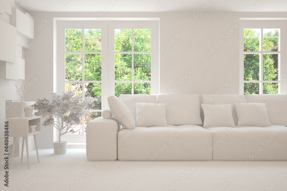 Fototapeta premium Mock up of stylish room in white color with sofa and green landscape in window. Scandinavian interior design. 3D illustration