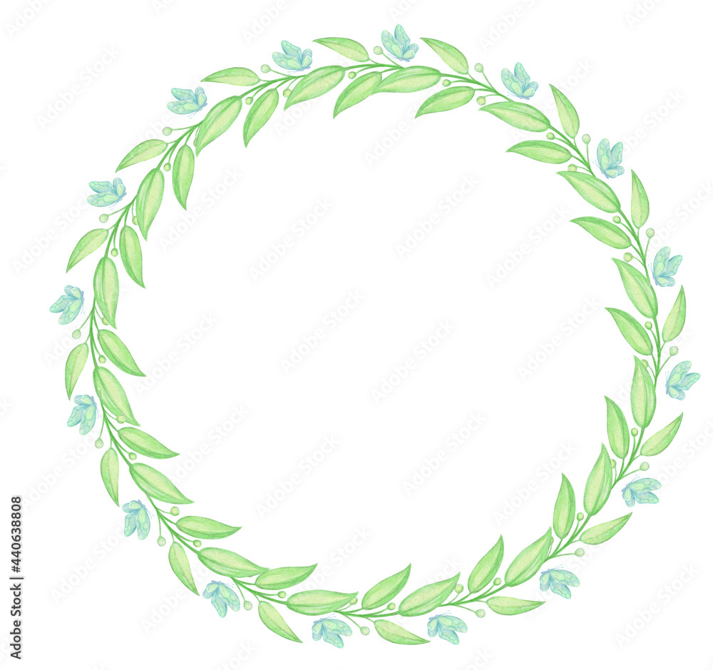 Butterfly leaves, green, watercolor, wreath, round, shaped, on an isolated background.