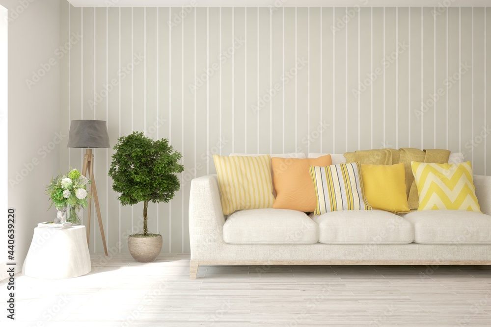 Naklejka premium Soft color living room with sofa. Scandinavian interior design. 3D illustration