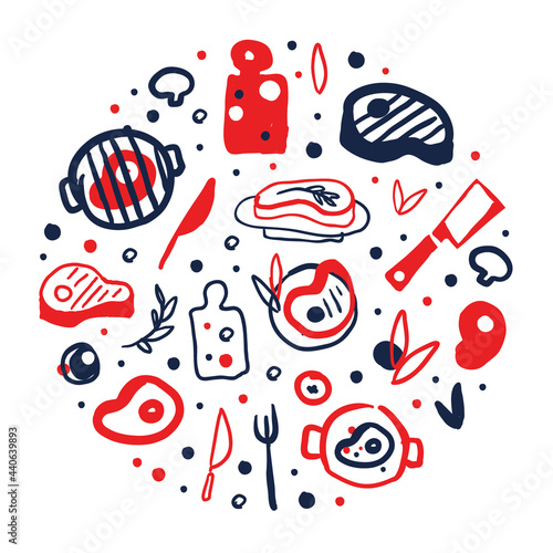 BBQ Banner Template with Meat Products Seamless Pattern of Round Shape Vector Illustration