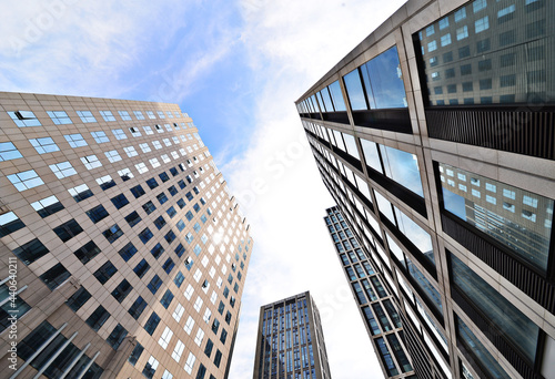 Looking up at business buildings in downtown New York, USA