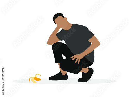 Male character squatting near banana peel isolated on white background