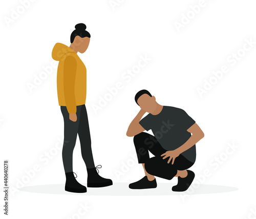 Male character squatting and female character together on white background