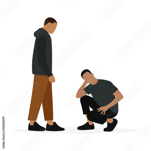 Two male characters, one of whom is squatting, together on a white background