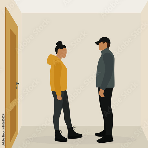 Female character and male character in a room with a closed door