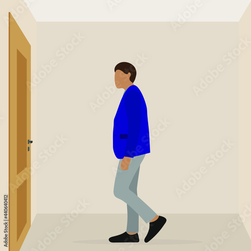 A male character stands in front of a closed door