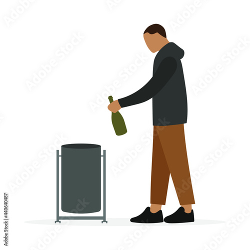 Male character throwing bottle into trash can on white background