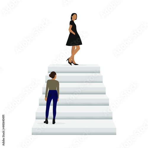 Female character standing on the bottom step looking at a female character standing on the top step