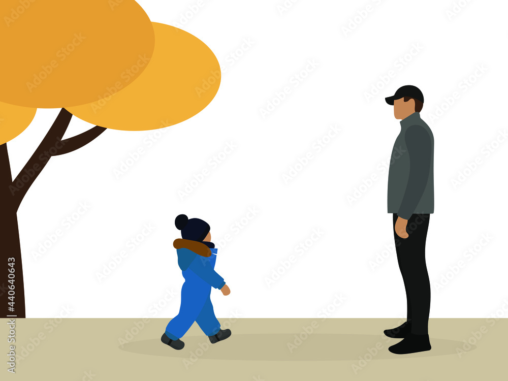 Little boy in warm clothes walking towards a male character on the street Little boy in warm clothes walking towards a male character on the street