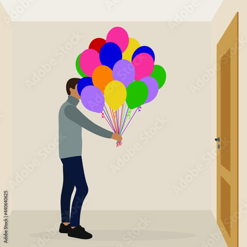 Male character with balloons in hand stands in front of a closed door