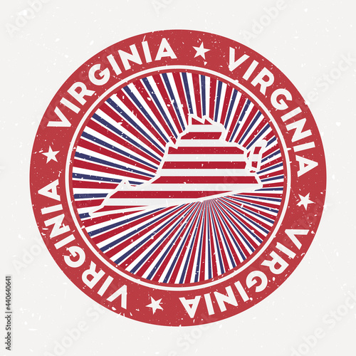 Virginia round stamp. Logo of a US state with a flag. Vintage badge with circular text and stars, vector illustration.