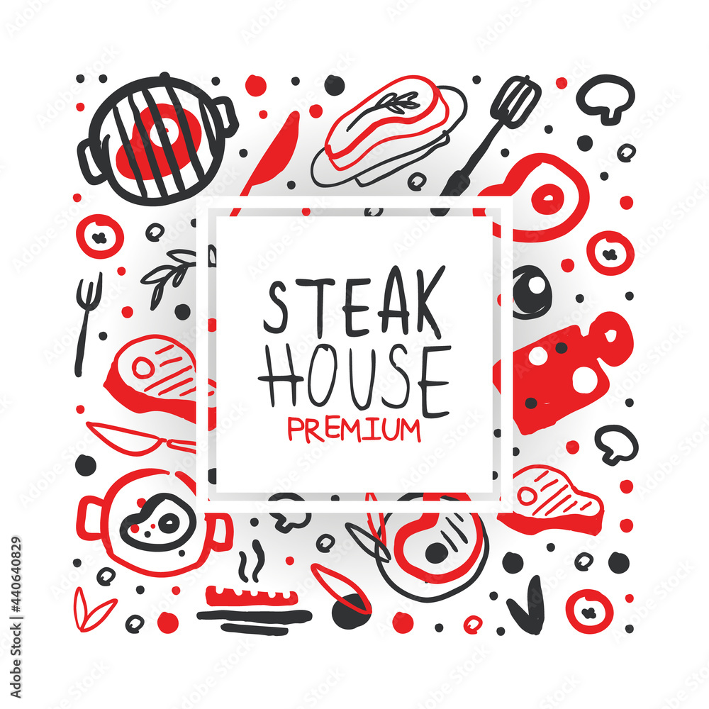 Steak House Banner Template with Hand Drawn Meat Products Seamless Pattern Vector Illustration Steak House Banner Template with Hand Drawn Meat Products Seamless Pattern Vector Illustration