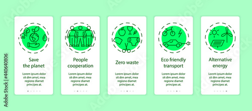 Zero waste app page screen with concepts. Save the planet walkthrough 5 steps graphic on boarding tasks