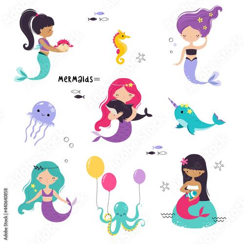 Mermaid and Sea Animals Floating Underwater Vector Set