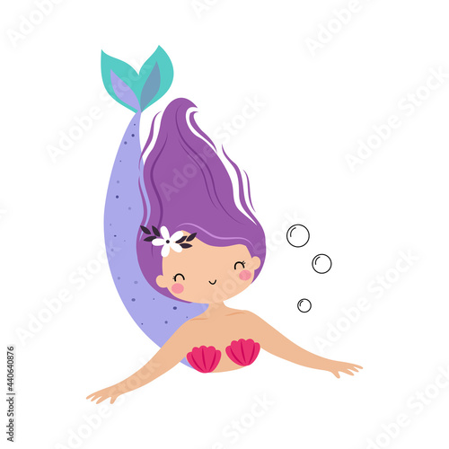 Mermaid with Purple Hair Floating Underwater Vector Illustration