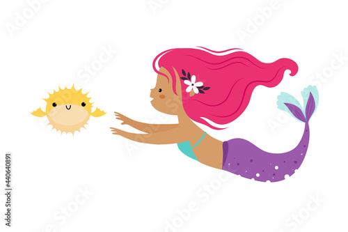 Mermaid with Pink Hair Floating Underwater with Blowfish Vector Illustration