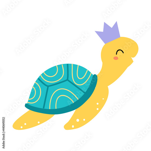 Turtle with Crown as Sea Animal Floating Underwater Vector Illustration