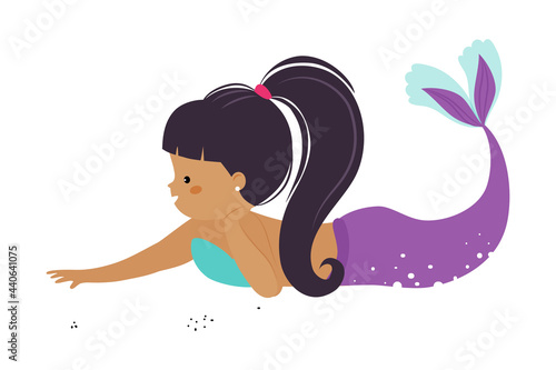 Mermaid with Ponytail Floating Underwater Vector Illustration