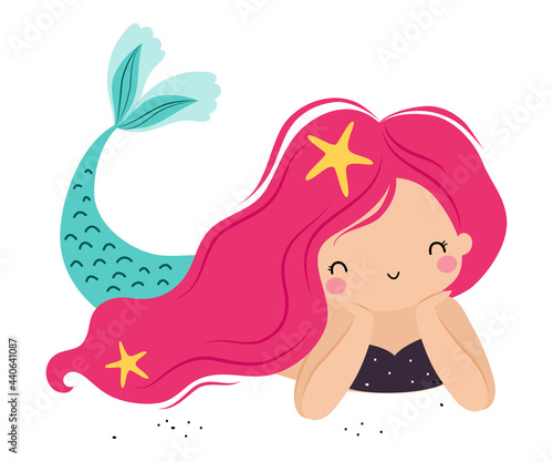 Mermaid with Pink Hair Floating Underwater Vector Illustration