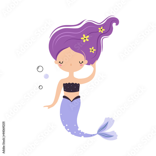 Mermaid with Purple Hair Floating Underwater Vector Illustration