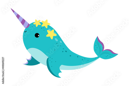 Narwhal with Long Tusk as Sea Animal Floating Underwater Vector Illustration