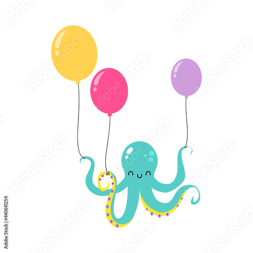 Blue Octopus with Tentacles as Sea Animal Holding Balloons Floating Underwater Vector Illustration